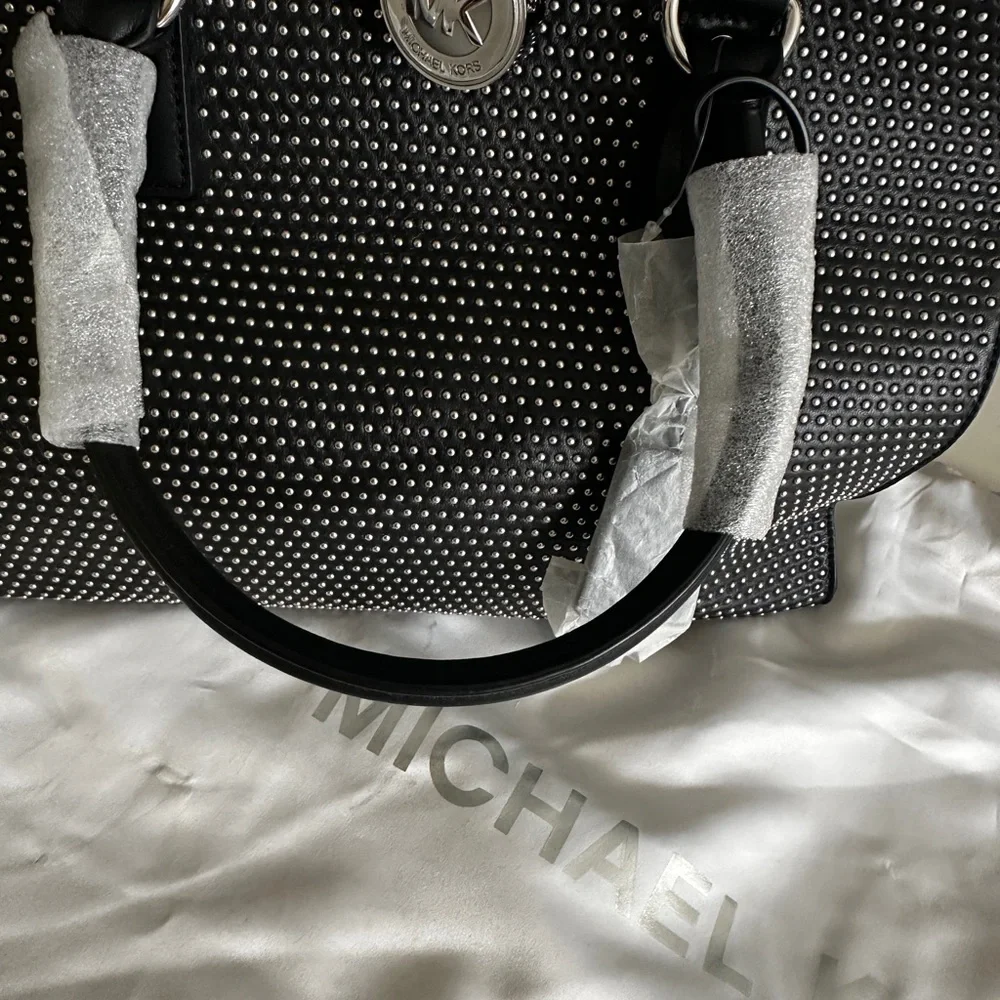 Michael Kors Black Studded Satchel with Silver MK Padlock